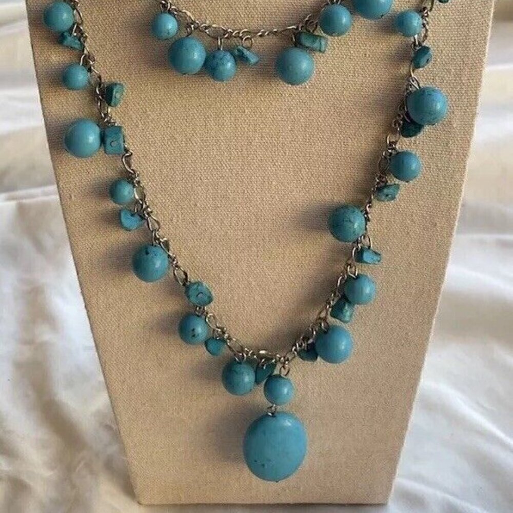 Vintage Turquoise Beaded Multiple Two Strand Chain Necklace South Western Aztec